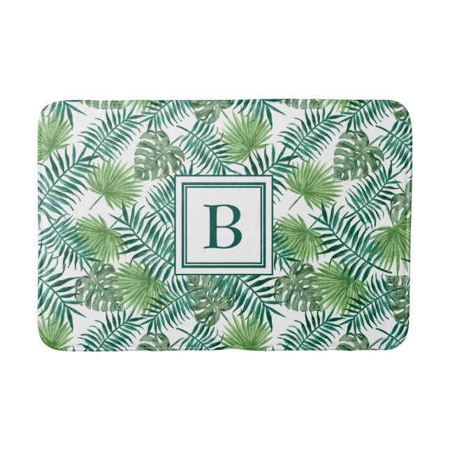 Tapis De Bain Motif de feuilles de palmier à monogramme élégant (Devant)