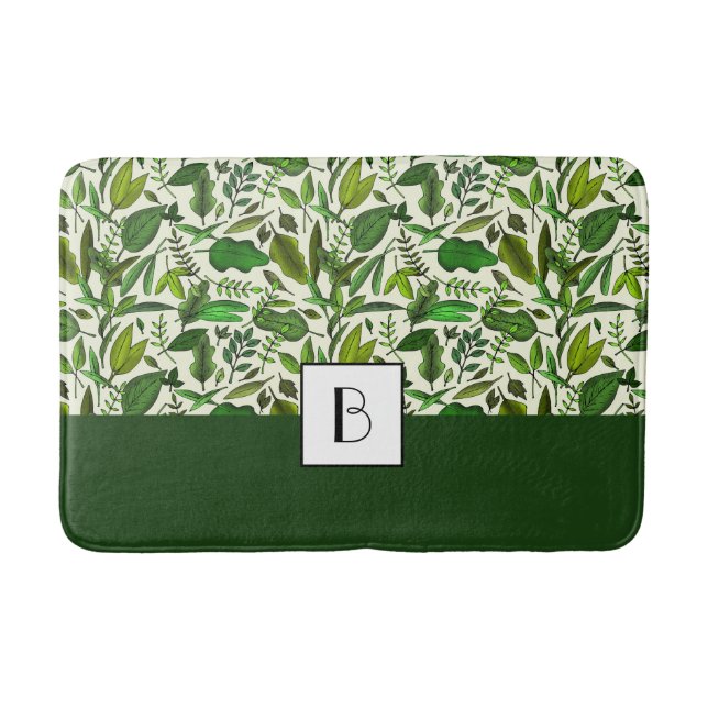 Tapis De Bain Motif de feuilles vertes de monogramme élégant (Devant)