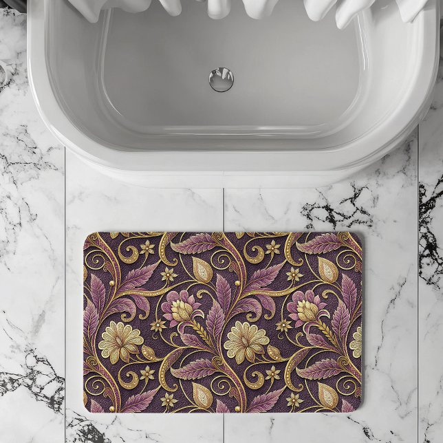 Tapis De Bain Motif de fleurs embossées violet et or (Créateur téléchargé)