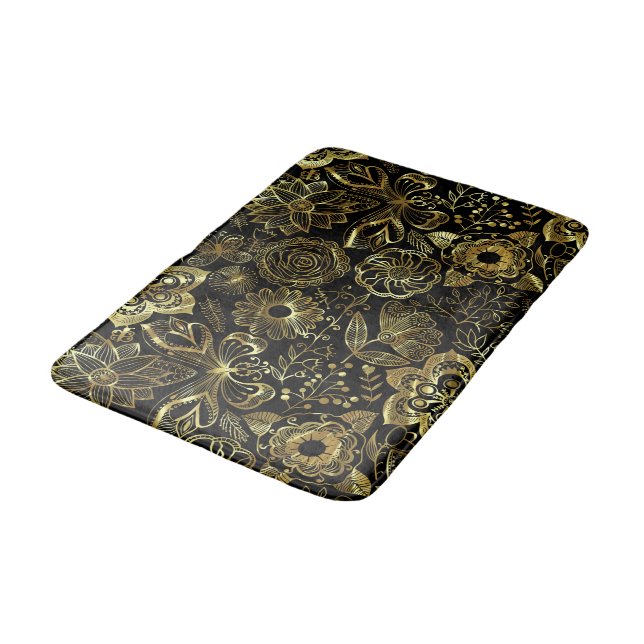 Tapis De Bain Motif de fleurs et papillons d'or (Angle)