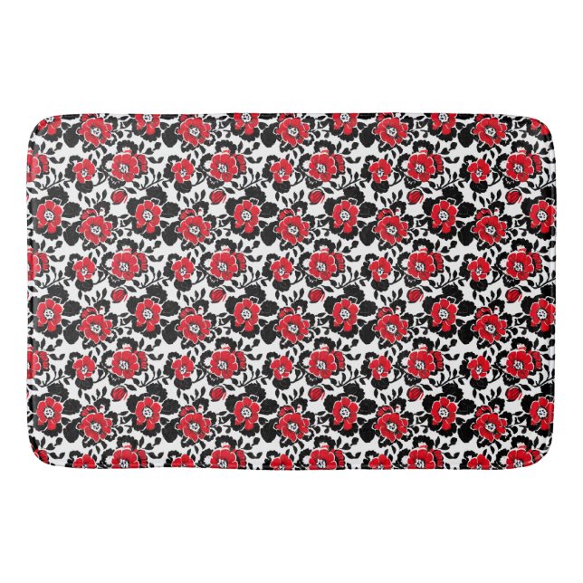 Tapis De Bain Motif de fleurs rouge, noire et blanche (Devant)