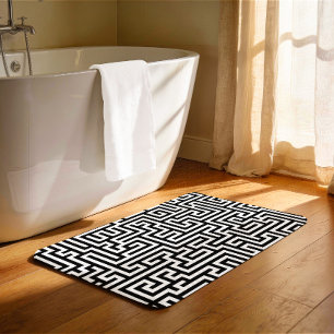 Tapis De Bain Motif de labyrinthe géométrique noir sur blanc