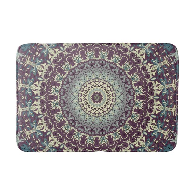 Tapis De Bain Motif de mandala violet sarcelle et crème (Devant)