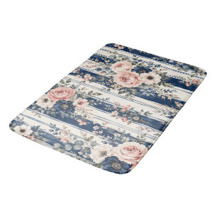 Tapis De Bain Motif de rayure florale marine à l'aquarelle Desig