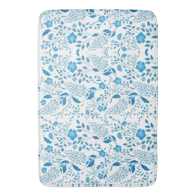 Tapis De Bain Motif de style de broderie florale blanche bleue (devant Vertical)