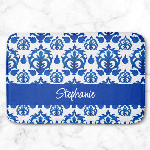 Tapis De Bain Motif de toile française bleue avec monogramme