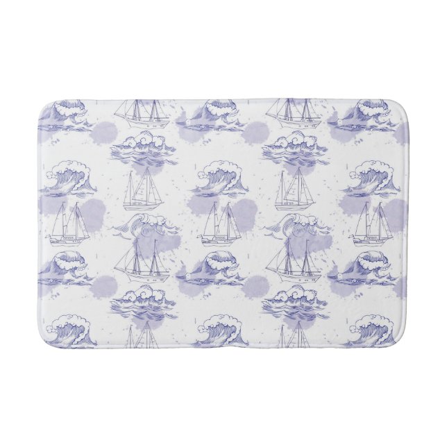 Tapis De Bain Motif de vagues et de bateaux d'aquarelle (Devant)