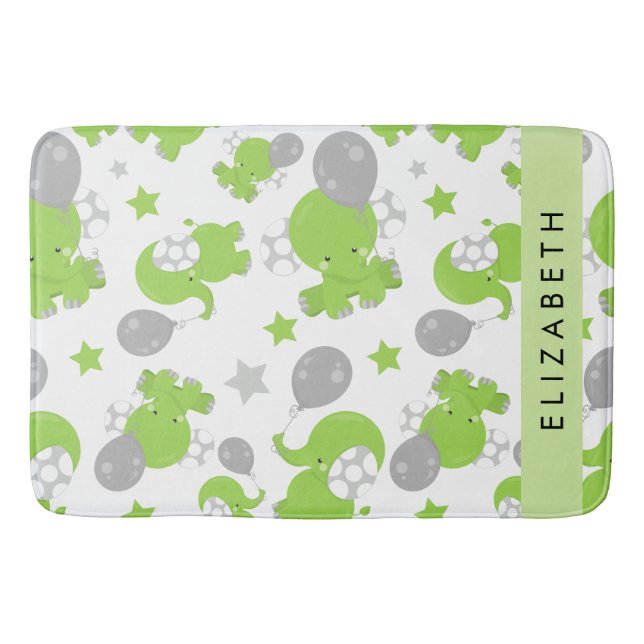 Tapis De Bain Motif Des Eléphants Verts, Étoiles, Votre Nom (Devant)