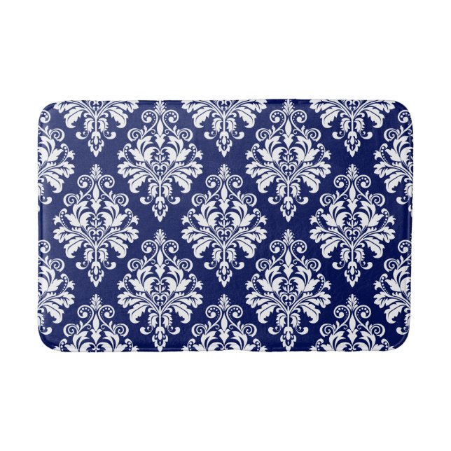Tapis De Bain Motif élégant de damassé de bleu marine et de (Devant)