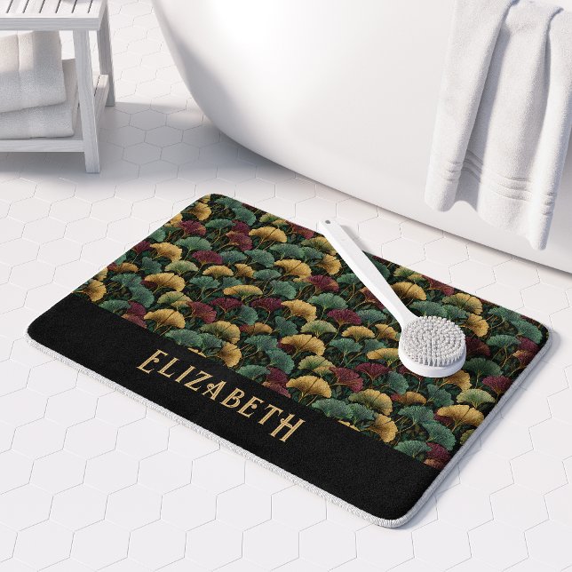 Tapis De Bain Motif élégant de Ginkgo Monogramme de nom Tons de  (Créateur téléchargé)