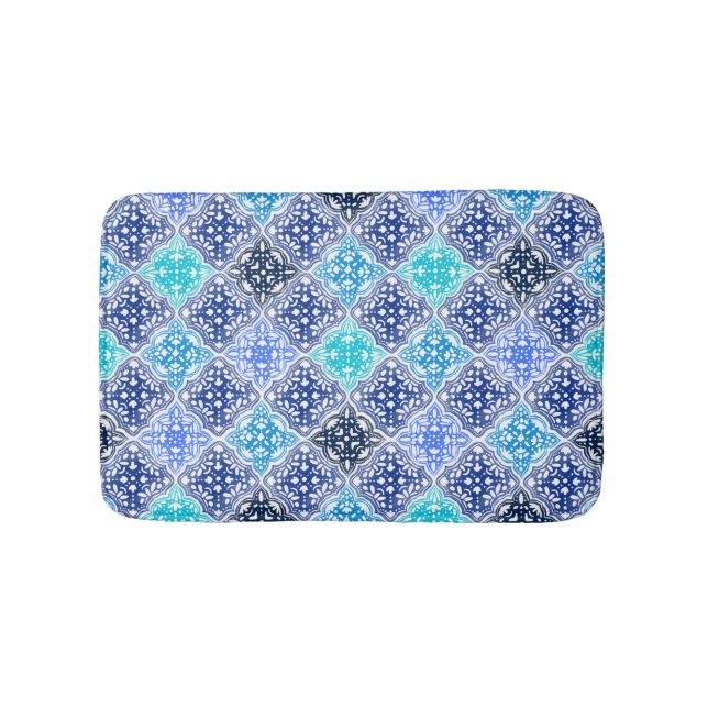 Tapis De Bain Motif en carrelage marocain peint en bleu (Devant)