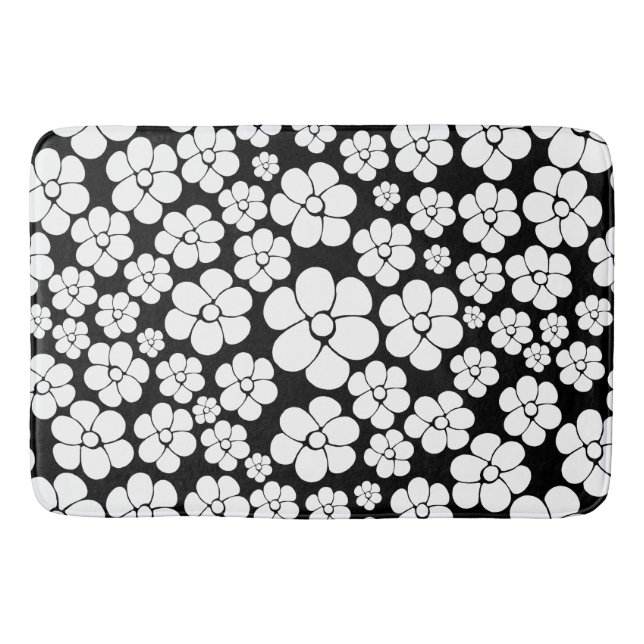 Tapis De Bain Motif Fleur rétro en blanc sur noir (Devant)