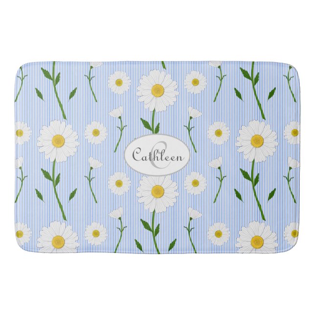 Tapis De Bain Motif fleurs d'été Monogram sur fond rayé bleu cla (Devant)
