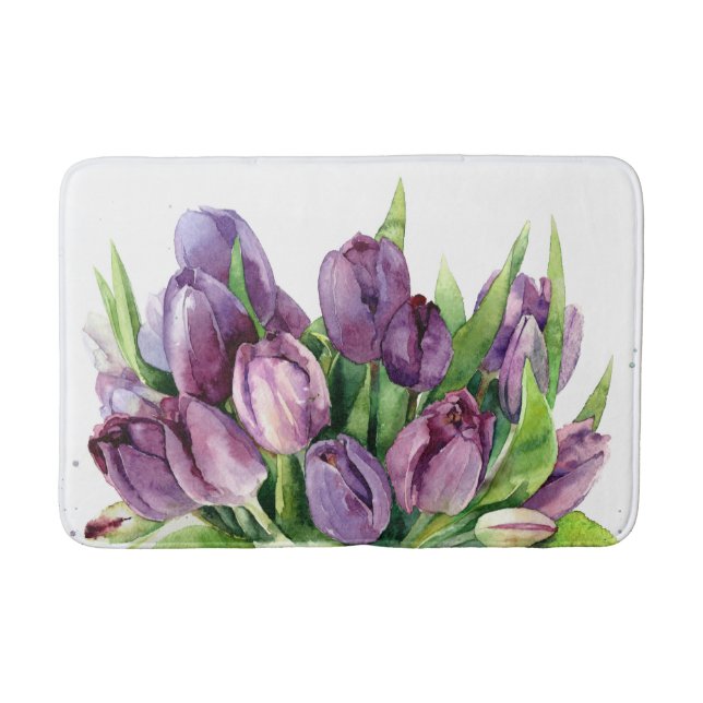 Tapis De Bain Motif floral d'aquarelle de tulipes pourpres (Devant)