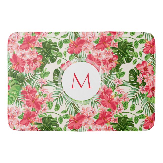 Tapis De Bain Motif floral Hibiscus rouge Monogramme Mat baigné (Devant)