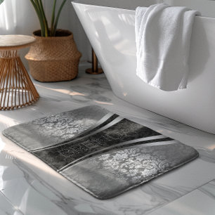 Tapis De Bain Motif Floral Noir Et Gris Argent
