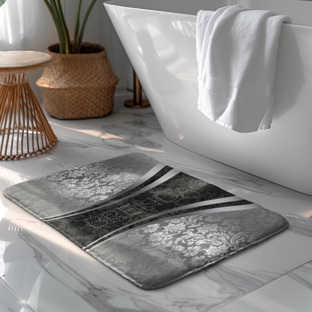 Tapis De Bain Motif Floral Noir Et Gris Argent (Créateur téléchargé)