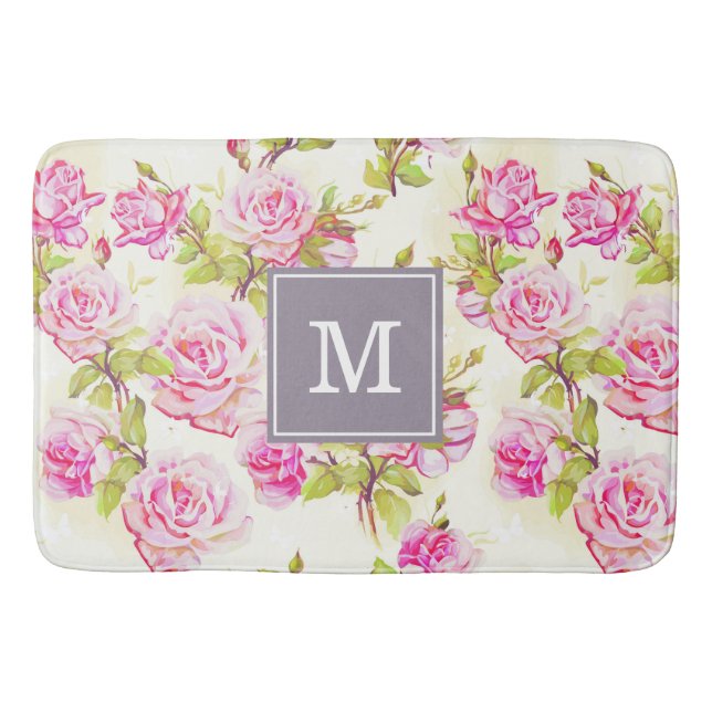 Tapis De Bain Motif Floral personnalisé Vieux Rose Monogramme Ma (Devant)