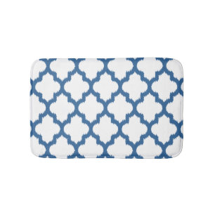 Tapis De Bain Motif géométrique blanc et bleu Ikat Quatrefoil