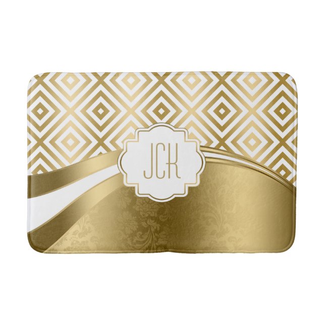 Tapis De Bain Motif géométrique moderne blanc et or (Devant)