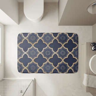 Tapis De Bain Motif géométrique quatrefeuilles marocain or et bl