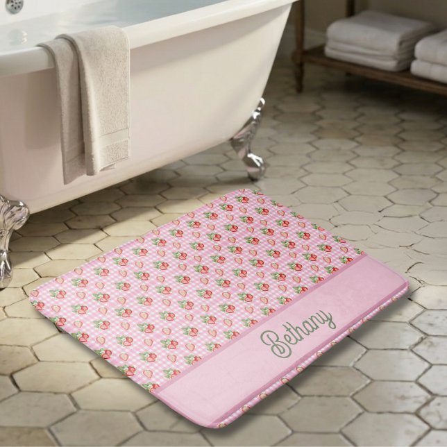 Tapis De Bain Motif Gingham Fraise à Carreaux Rose (Créateur téléchargé)