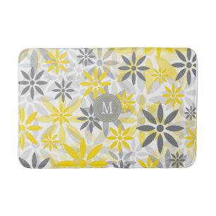 Tapis De Bain Motif graphique à fleurs gris jaune