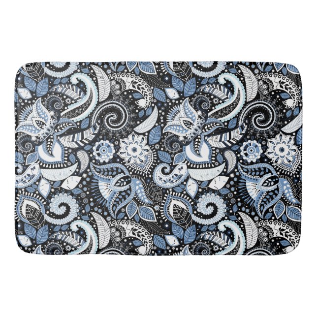 Tapis De Bain Motif imprimé paisley blanc et bleu (Devant)