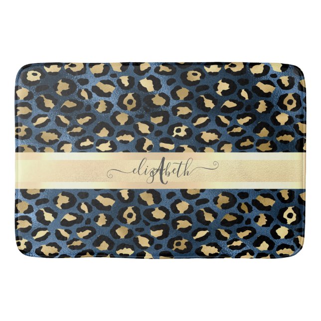 Tapis De Bain Motif léopard bleu or monogramme (Devant)