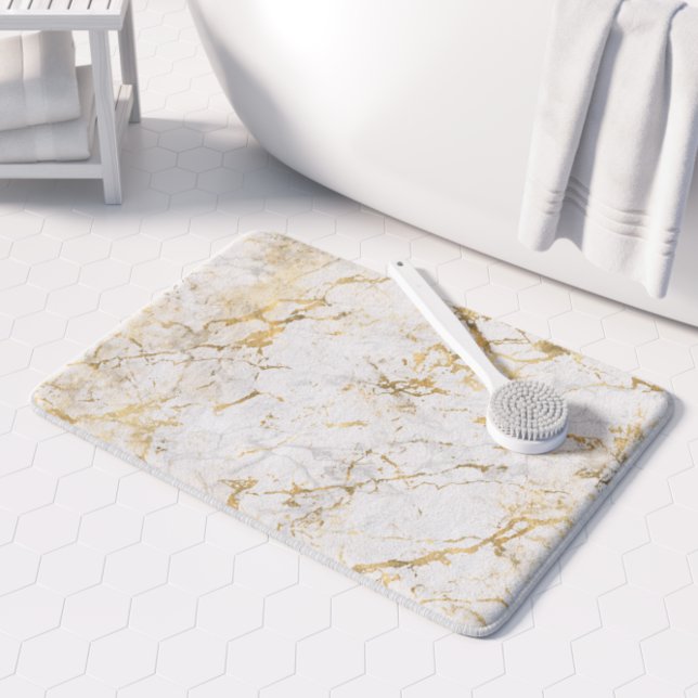 Tapis De Bain Motif Marbre Faux Blanc Or Élégant (Créateur téléchargé)