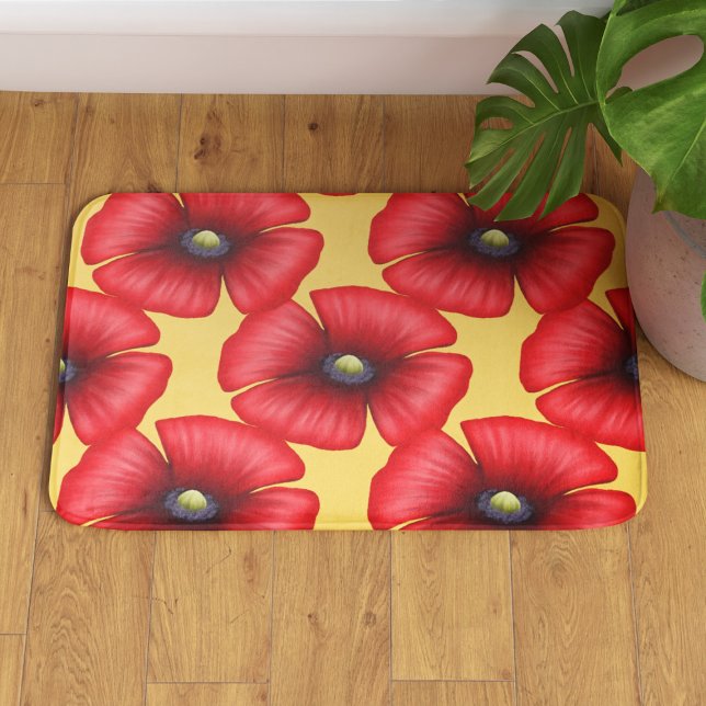Tapis De Bain Motif moderne Red Popup sur Mat Bain Jaune (Pop a pop of color in your bathroom with this red poppy patterned yellow bath mat. A lovely gift!)