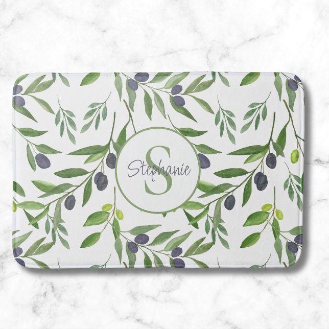 Tapis De Bain Motif Olives Aquarelle Nom Monogramme (Créateur téléchargé)