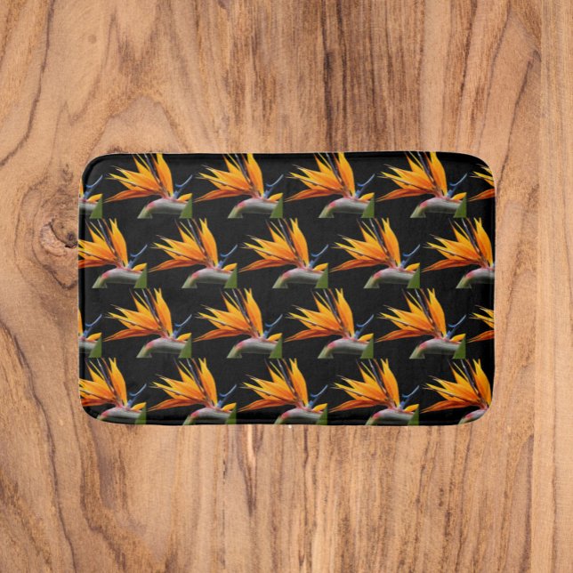 Tapis De Bain Motif Plante Orange Bird of Paradise sur Noir (In Situ)
