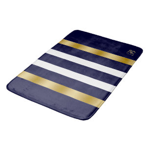 Tapis De Bain Motif rayures bleues et blanches accents dorés