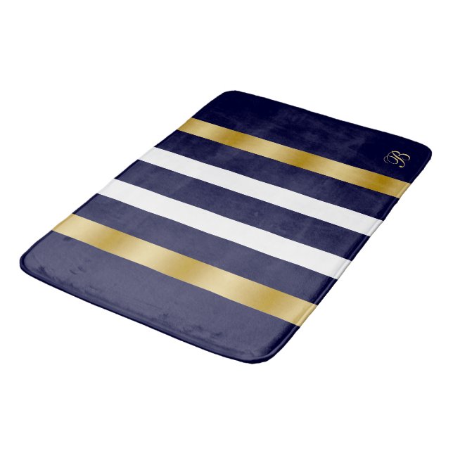 Tapis De Bain Motif rayures bleues et blanches accents dorés (Angle)