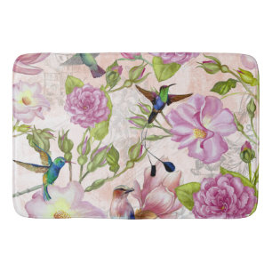 Tapis De Bain Motif rose de fleurs et de colibris de cru
