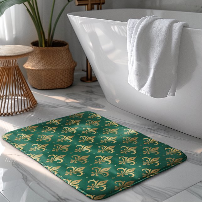 Tapis De Bain Motif sans soudure à fleur de lis or sur vert (Créateur téléchargé)
