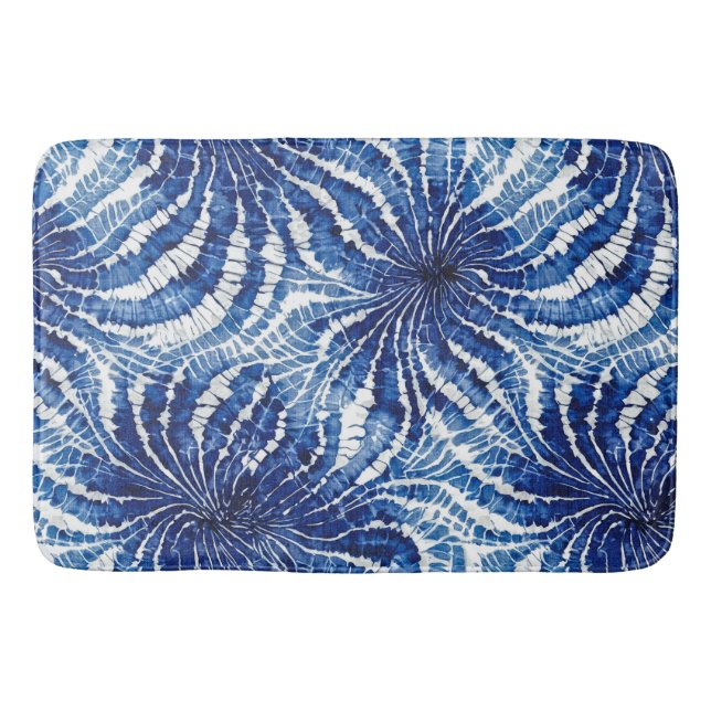 Tapis De Bain motif tie dye abstrait indigo et blanc (Devant)