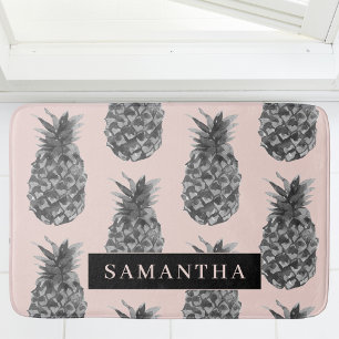 Tapis De Bain Motif Tropical Grey & Rose Ananas Avec Nom