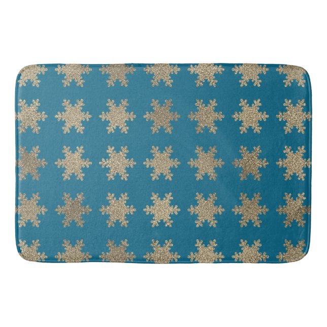 Tapis De Bain Motifs de flocon de neige dorés scintillants Bleu  (Devant)