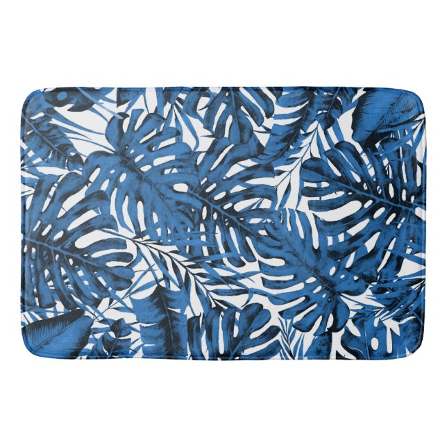 Tapis De Bain Moyen Denim Blue Tropical Palm Feuille Island (Devant)