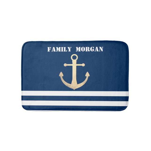 Tapis De Bain Nautical, Gold Anchor Navy Blue Striped (Devant)