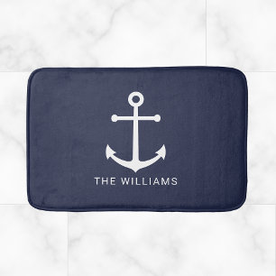 Tapis De Bain Nautical White Anchor and Custom Nom on Navy Blue