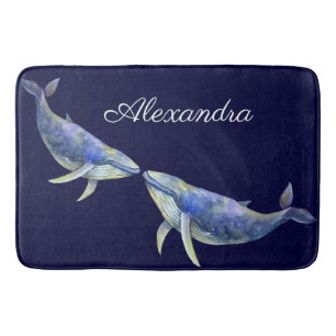 Tapis De Bain Nautique Bleu Baleine Aquarelle Blanc Nom du bois