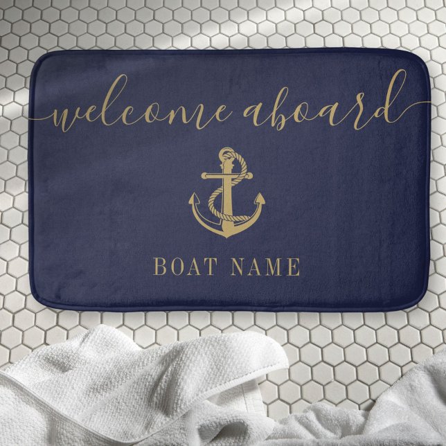 Tapis De Bain Nautique Nom du bateau Marine Blue Gold Welcome à  (Nautical Boat Name Navy Blue Gold Welcome Aboard Bath Mat)