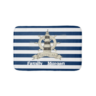 Tapis De Bain Nautique,Roue de bateau, Rayures bleues et blanche
