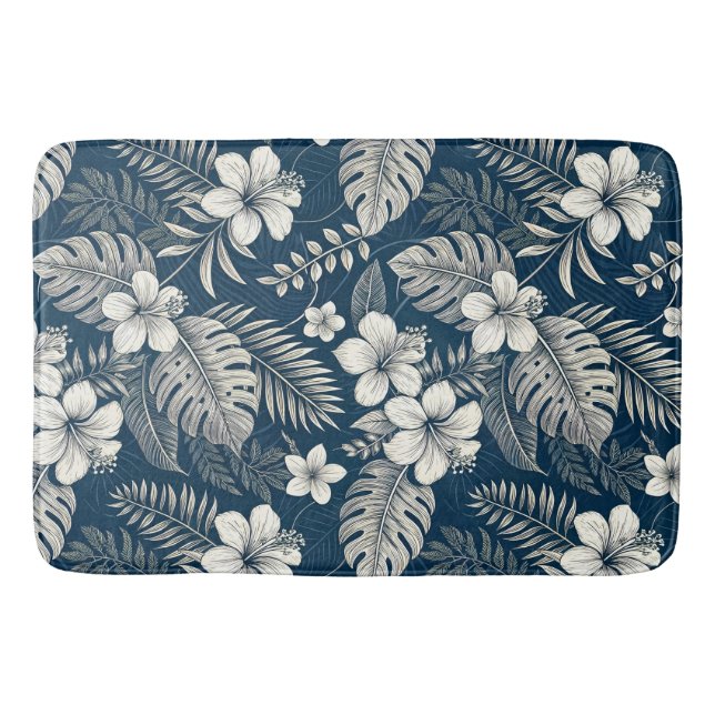 Tapis De Bain Navy Blue Hibiscus Monstera Tropical Botanical (Devant)
