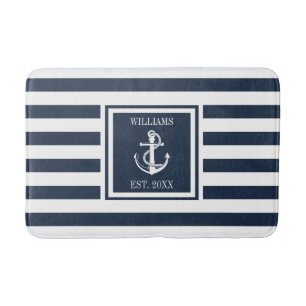 Tapis De Bain Navy Blue Stripe Nom de famille Ancre nautique