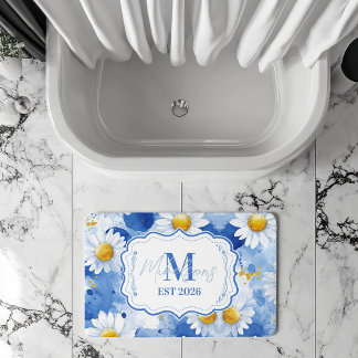 Tapis De Bain Navy Blue Watercolor Daisy Monogram Decor