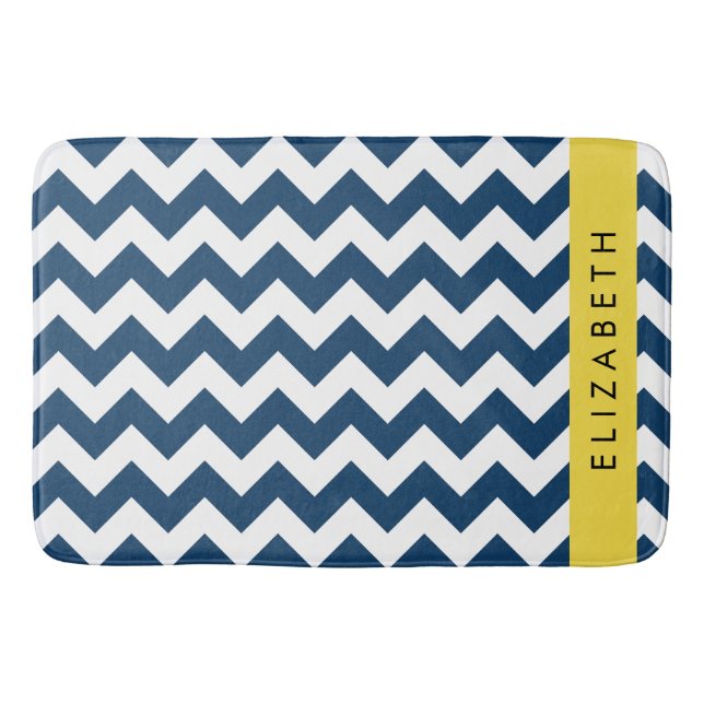 Tapis De Bain Navy Blue Zigzag, Navy Blue Chevron, Votre nom (Devant)